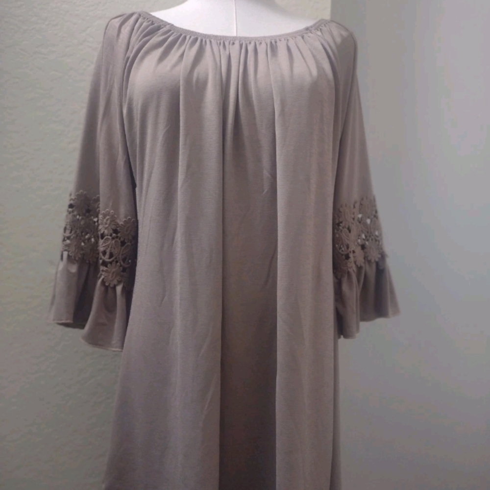 Boho Off-Shoulder Dress with Crochet Bell Sleeves - Taupe